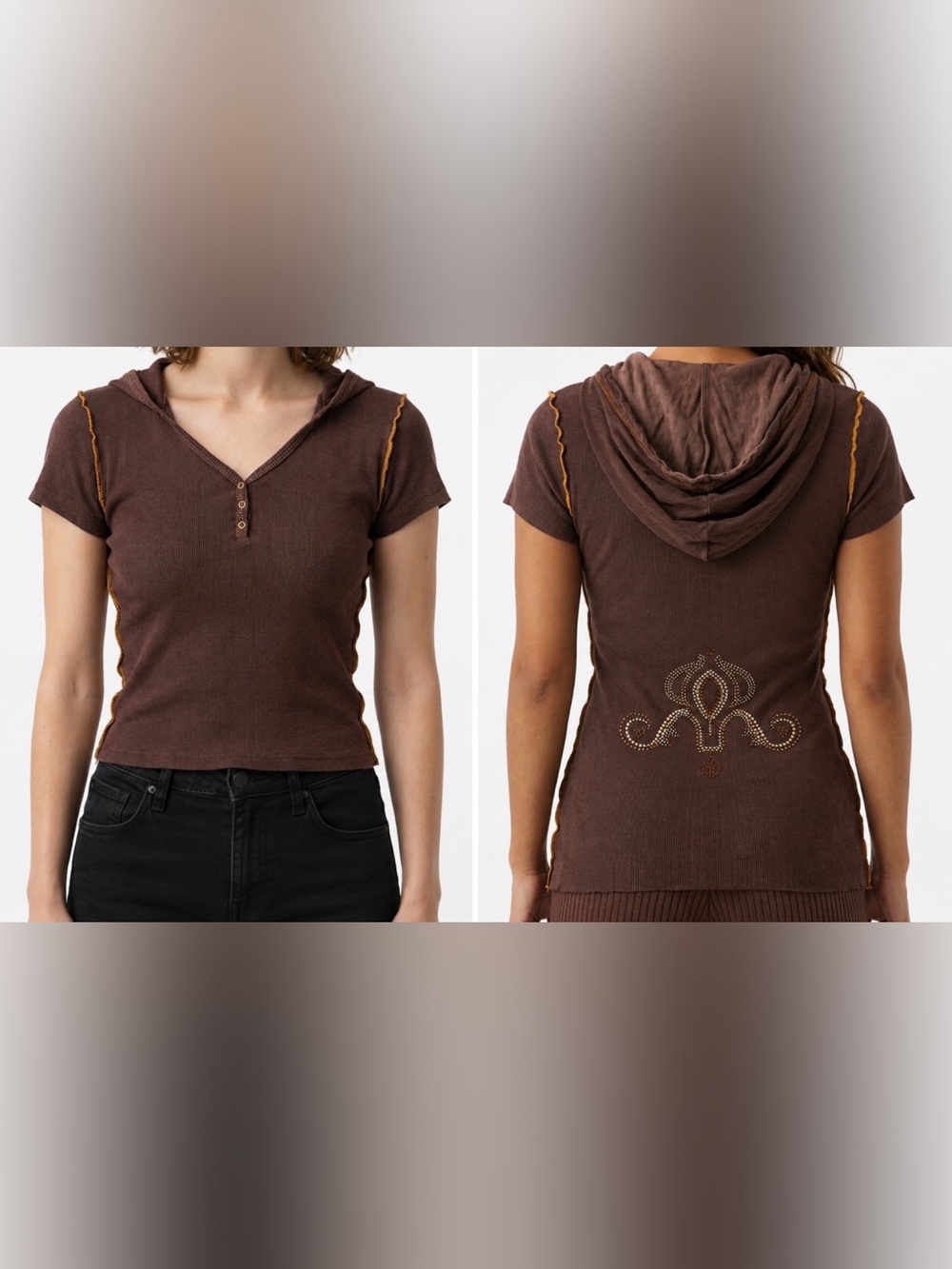 MARABOU Short-Sleeve Hooded Henley Top With Studded Design On The Back